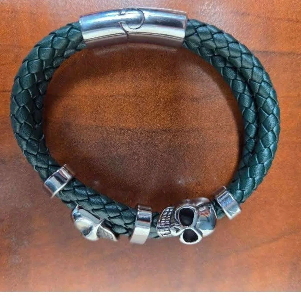 Green Braided Leather Skull Bracelet Silver Magnetic Clasp Gothic Biker